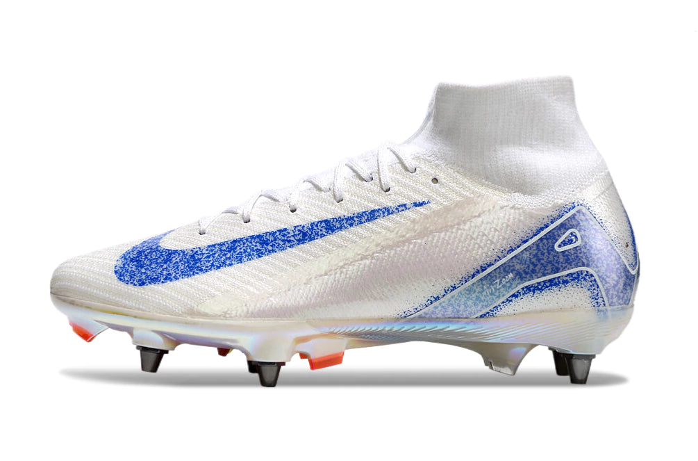 Chuteira Nike Air Zoom Mercurial Superfly 10 Elite SG - Branco/Azul/Laranja