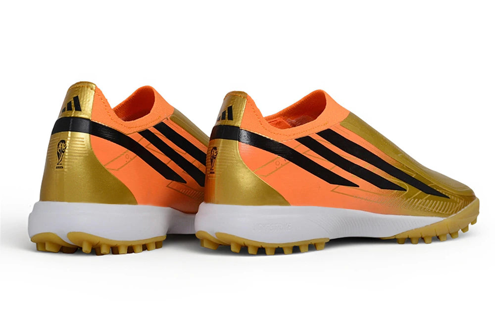 Chuteira Adidas F50 Hyperfast Laceless TF - Laranja/Dourda