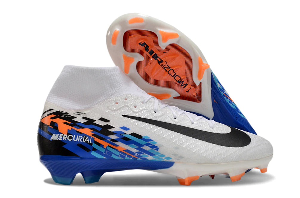 Chuteira Nike Air Zoom Mercurial Superfly 10 Elite Campo - Branco/Preto/Azul/Laranja