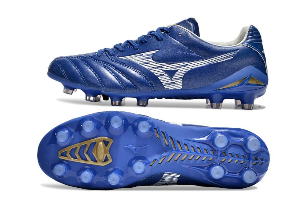 Chuteira Mizuno Morelia Neo 4 Campo - Azul/Branco/Dourado