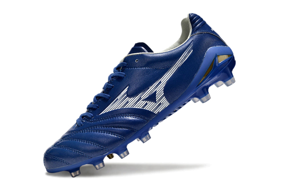 Chuteira Mizuno Morelia Neo 4 Campo - Azul/Branco/Dourado