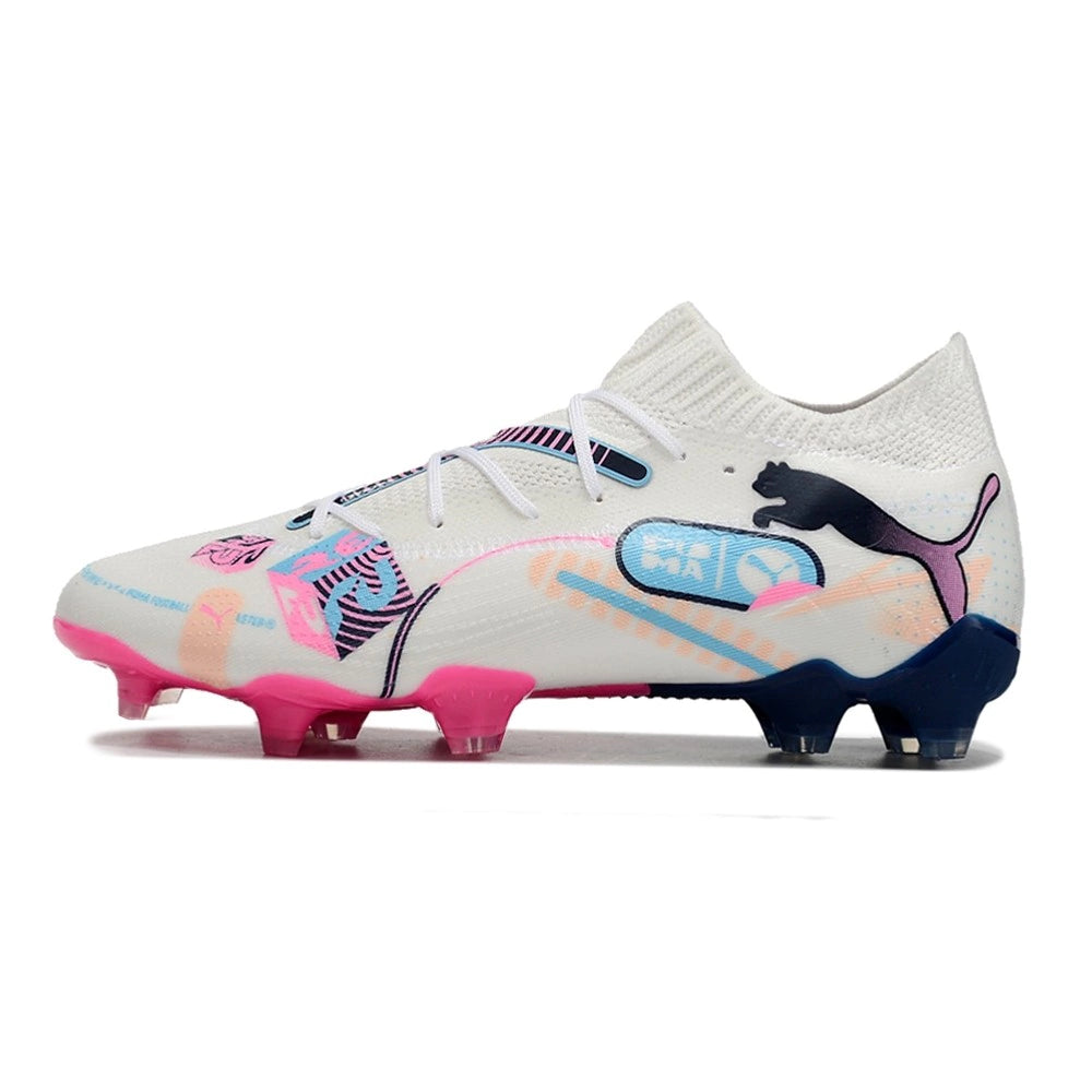Chuteira Puma Future 7 Ultimate Campo FG - Branco/Rosa/Preto